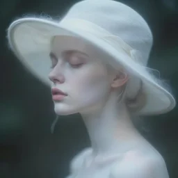 out of focus photorealistic portrait of a beautiful pale young woman by sarah moon, turned away, very blurry, translucent white skin, closed eyes, foggy, closeup, with a weird hat