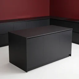 photo of black, matte kitchen fronts surfaces and furniture, dark red walls at the back, white floor tiles on the ground, architecture, concept art