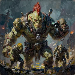 cyberpunk orcs, rule of thirds, cinematic lighting, by chuck close, hyperrealistic photorealism acrylic on canvas, rule of thirds, hyper detailed, mohawk.