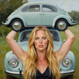 beautiful o charlize theron with long blonde hair locks holds over its head old volkswagen beetle, oil on canvas, naturalism