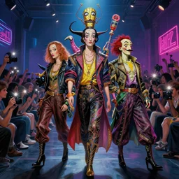 cyberpunk fashion show featuring rejected mascots, digital painting, masterpiece, intricate detail, beautiful, gorgeous, cinematic, dramatic neon lighting, a cheering crowd, camera flashes from the crowd, 4k wallpaper, concept art, by Moebius, by Thomas Kinkade, by Ilya Kuvshinov, by Salvador Dali, by Rembrandt, by Michelangelo