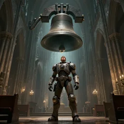 Illustration of a man in a retro futuristic Moebius inspired costume standing in a catholic cathedral and watching up a giant bell with pipes coming from it, low camera, dark souls, realistic, octane rendered, uplight, unreal engine, paint textures, highly detailed