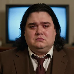 Close up portrait of a clean-shaven chubby man with long black hair wearing a brown suit and necktie with a television in the background. Photorealistic. Award winning. Dramatic lighting. Intricate details. UHD 8K. He looks very sad with tears on his face.
