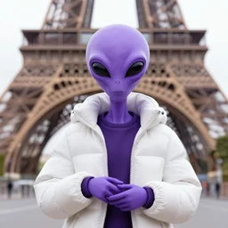 purple alien wearing white puffer jacket, in paris, they hold a model ufo, in the style of jojo's bizarre adventure,