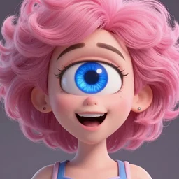 a cyclops girl with a blue eye. pink afro hair. big mouth. 4k. ultrarealistic