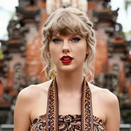 taylor swift wearing batik bali in bali. temple background. front view. instagram closeup holiday photo shoot, closeup, 8 5 mm