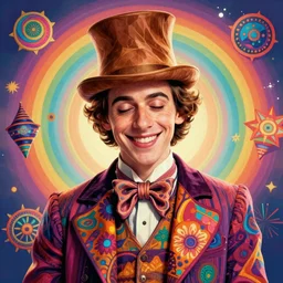 An extremely psychedelic illustration of willy wonka smiling with his eyes closed in  a ornate psychedelic tuxedo, surreal, LSD, happy dreaming face, detailed, intricate, elegant, lithe, highly detailed, digital painting, artstation, full body, character concept art, smooth, sharp focus, illustration, art by Jason Edmiston
