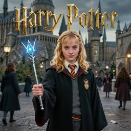 katniss everdeen holding the elder wand, in the hogwarts courtyard, harry potter book cover art by mary grandpre