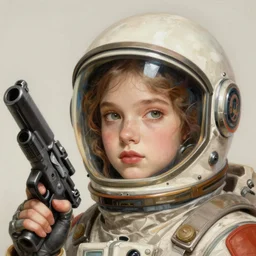 A portrait of a girl wearing a vintage sci-fi astronaut helmet and holding a blaster, face, intricate, elegant, highly detailed, digital painting, artstation, concept art, smooth, sharp focus, illustration, art by Krenz Cushart and Artem Demura and alphonse mucha