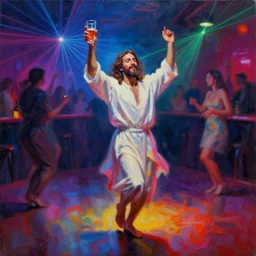 oil painting of Jesus dancing drunk at a club, RGB floor, lasers, motion blur