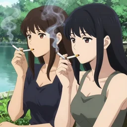 two beautiful lesbian girls in love, smoking a weed cigarette with smoke, sitting in front of a lake, in the style of anime, close - up, highly detailed face, 4 k, pixiv, intricate, elegant, highly detailed, lush, stylized, japanese, smooth
