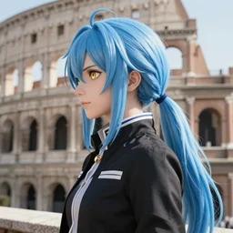 profile shot of rimuru tempest, sky blue hair, ponytail, long bangs, gold eyes, black jacket with white stripes and a high collar, highly detailed, roman city, professional art, concept art, stock photo, cinematic, wlop | art by pixiv, ilya kuvshinov, greg rutkowski, yoshitaka amano