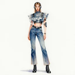 watercolor fashion illustration woman cyberpunk standing wearing frilly top and blue jeans