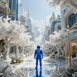 a lush pamukkale cyberpunk city landscape with white beautiful trees and royal blue mage wearing a space suit wondering around the luxurious street