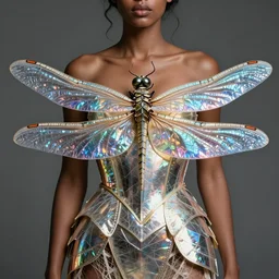 brown woman wearing a shiny dragonfly armor. iridiscent. super detailed. layered. textured. award winning. dispersion of light. refracted lighting. soft. fragile. by ray caesar. by louise dahl - wolfe. by andrea kowch. surreal photoraphy. photorealistic