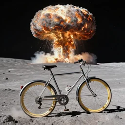 a stainless steel bike, with swiss cheese wheels a wheel, a rat cycling fast on the surface of the moon and drives away from a huge and dangerous mushroom cloud of a nuclear explosion. photorealistic