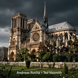 Notre dame taken back by nature, by Andreas Rocha + Ted Nasmith, dark, cinematic lighting, masterpiece, highly detailed, 8k resolution, trending on art station