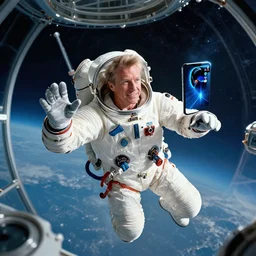 wide shot of william shatner experiencing zero gravity riding inside blue origin, in front of his face is a floating smart phone