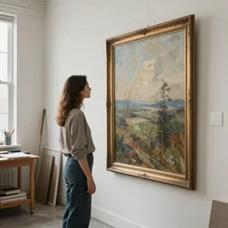 matte painting of a woman in an art studio, looking over a big painting frame on a wall, volumetric soft lighting, artstation
