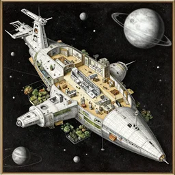 a detailed schematic of a generational starship designed to help humans colonize planets light years away, including living quarters, kitchens, gardens, farming areas, and communal areas, in the style of leonardo da vinci.