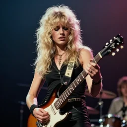 19-year-old woman holding electric guitar, long shaggy blonde hair, permed hair, New Wave of British Heavy Metal, live in concert, concert footage, Great Britain, 1979 photograph ,16mm photography