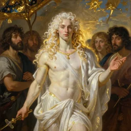 Lucius as a demigod of scintillating radiance, long fluffy white-gold curly hair, posing before his adoring worshippers, oil on canvas, golden hour, artstation, by J. C. Leyendecker and Peter Paul Rubens