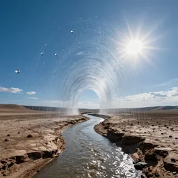 beautiful photograph of a vertical tunnel made of raindrops in the blue sky, between a dried up river and the sun, highly-detailed, fantastic, dramatic lighting, artstation, 4k