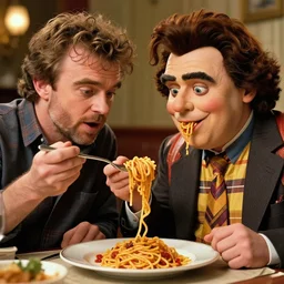 ernest eats spaghetti with peter dinklage, jim varney, hyperrealistic, volumetric golden dappled dynamic lighting, highly detailed, sharp focus, by victo ngai, artgerm