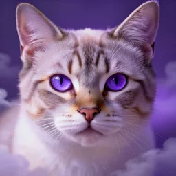 portrait of a cat with purple eyes. closeup, intense look. lighting, clouds, bloom. fantasy, digital painting, hd, 4 k, detailed.