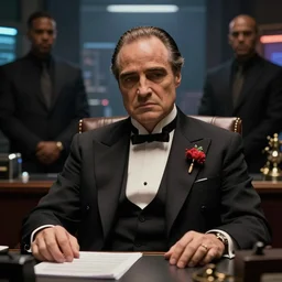 a beautiful picture of a cyberpunk godfather with his bodyguards in his office by david mack, close up shot, trending on artstation