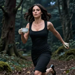 monica bellucci wearing a black dress is running in the forest holding a cup of tea, skeleton fingers, beautiful face, beautiful eyes, beautiful lips, elegant, beautiful, dimly lit, dark sky, volumetric lighting, cinematic lighting, studio ghibli