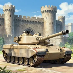 still of an M1 Abrams tank parked outside of a medieval castle from an anime, beautiful, detailed, digital art