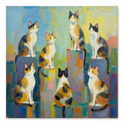 contemporary semi abstract acrylic painting of really tall sitting calico cats by makoto shinkai, by eduardo kobra, kessler art, thick brush strokes and visible paint layers, multicolor color scheme