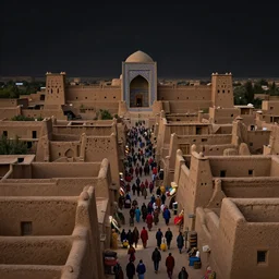in the middle of a adobe house kasbah town, mud and brick houses, merchant street, pueblo dense architecture, narrow streets, colorful crowd. Huge persian temple in the background with round roof, big door. Scenic view at night, underexposed, clean horizon, matte painting by craig mullins and Anato_Finnstark, dark fantasy, style of game of thrones, concept art trending on artstation, 4k, insane details