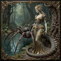 a woman with a dragon like body, a giant spider crawling through a forest next to a lake, by michael komarck and john howe, lovecraftian, finely detailed, small details, extra detail, insane details, intricate, elite, ornate, elegant, luxury, dramatic lighting, octane render, weta digital, micro details, 3 d sculpture