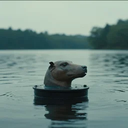 a floating head over a lake. scene from a movie