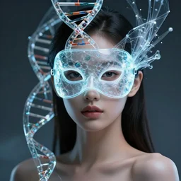 a detailed portrait of cyberpunk female model ( dna helix ) fractal ( glass ) ( glow ) beautiful! ( ( glowing mask ) ) by ( ( ( tomasz alen kopera ) ) ) and peter mohrbacher! and johanna martine!! and margaret keane!! elegant alluring seductive luminescent