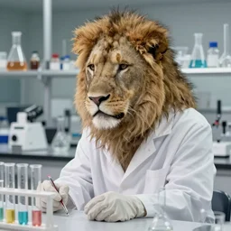A realistic image of a Lion scientist wearing a lab coat working in a chemistry lab. Lab coat. Beakers