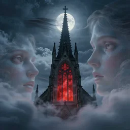 this is a dream reflected from the eyes. there are translucent faces on the clouds. the moon is dark and the wind is high. the window of the gothic church behind the mage shows a strange red, mist and light under the moonlight. matte painting, film perspective lens, magnificent scene, full atmosphere, concept art