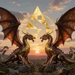 two dragons, golden ratio, Fibonacci numbers, masterpiece, 4k render, sunset, forest, incredible detail, cloudy, beautiful