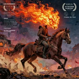 very detailed, prophet graphic novel, ilya kuvshinov, mcbess, rutkowski, simon roy, illustration of the headless horseman, head in flames, wide shot, colorful, deep shadows, astrophotography, award winning