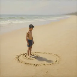 a full shot of a little man made of sand, standing on a beach, slowly eroding due to wind, early morning lighting, elegant, subtle, intricate details, real masterpiece, oil on canvas, by somsak anong