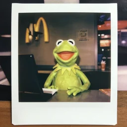 kermit the frog working the front counter of mcdonald's ready to take your order, eighties polaroid, flash photography, photorealistic, kodachrome
