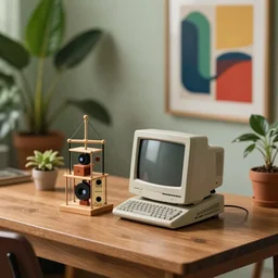 tilt shift photography, extreme dof, a miniature retro 1 9 9 0 computer on a wood tabletop, midcentury, lofi, rube goldberg machine, exotic house plants, bold modern art, japanese design,