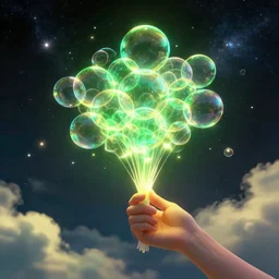 a human hand holding a bunch of soap bubbles in a cosmos space full of stars and clouds, volumetric light, green and yellow colors, digital art, artstation