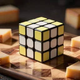 a rubiks's cube made of gruyere, on a chees board