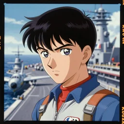 Kodak portra 160, 8K, highly detailed, seinen manga 3/4 closeup portrait, eye contact, focus on moebius anti-g flight suit, tilt shift background: famous french artist in moebius anime remake, aircraft carrier scene