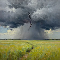 a giant stormy rift in reality opens over a calm field in summer, award-winning, trending on artstation, oil on canvas, masterpiece
