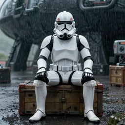 star wars clone trooper, sitting on crate in Kamino, in the rain, detailed, incredible, 4k, photorealistic