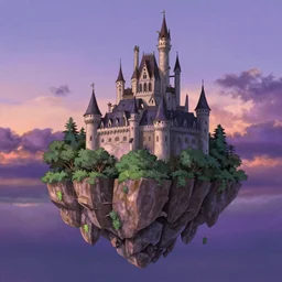 a floating island in the sky with a castle on top, purple sunset, drawn by hayao miyazaki